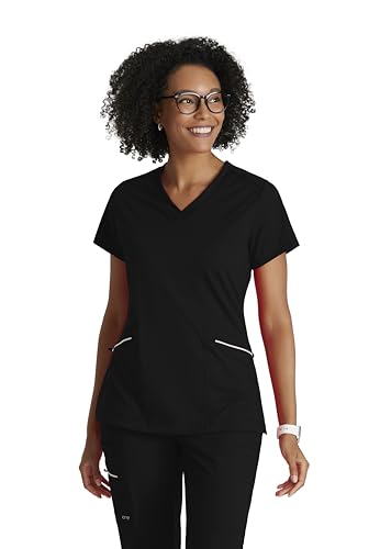 BARCO One Performance Knit Victory Top for Women - V-Neck with Overlap, Angled Zipper Waist Pockets Women's Scrub Top Black Medium