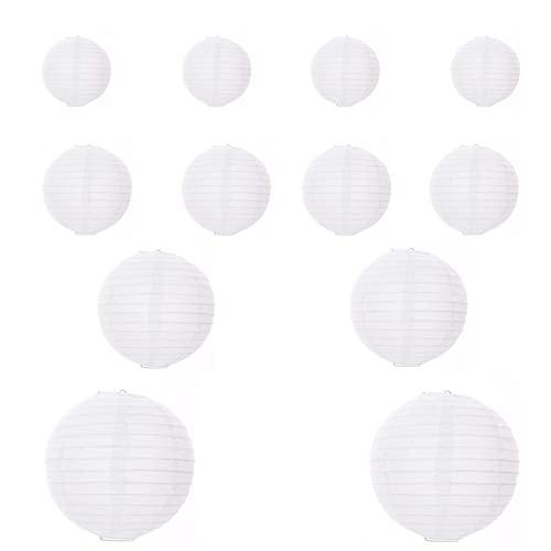 12 Pièces Lampions Blancs, Lanterne Blanche à Papier Rond Lampe, Décoration Lanterne, Postuler à pour Noël Mariage Anniversaire Fête(Blanche)