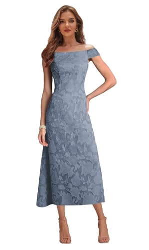 Tea Length Mother of The Bride Dresses for Women Off The Shoulder Floral Formal Evening Dress with Sleeves