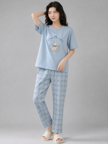 Image of Women's 2-Piece Pajama Set - Short Sleeve Top & Pants Lounge Set, Soft Breathable Sleepwear Night Suit for Women