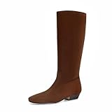 MAIJED Knee High Boots for Women Square Toe Tall Boots Chunky Low Stacked Heels Long Boots Suede Pull on Wide Calf Comfy Dressy Fashion Casual-Tan Dark