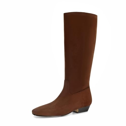 MAIJED Knee High Boots for Women Square Toe Tall Boots Chunky Low Stacked Heels Long Boots Suede Pull on Wide Calf Comfy Dressy Fashion Casual-Tan Dark