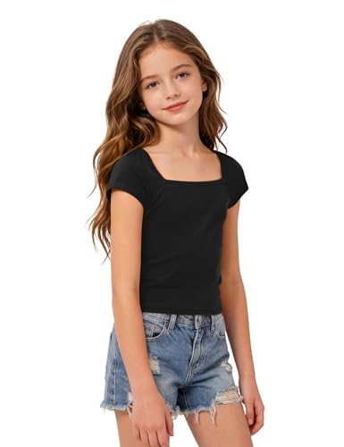Image of Crop Tops for Girls Short Sleeve Shirt Girls Summer Tops Square Neck Slim Fit Tops Basic Tee