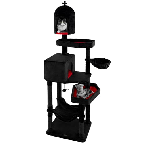 PETSITE 83 Inch Tall Gothic Cat Tree, Multi-Level Halloween Cat Tower with Coffin Beds, Scratching Posts, 2 Cat Condos, Dangling Balls, Hammock, and Basket Bed, Goth Cat Tree for Indoor Cats, Black