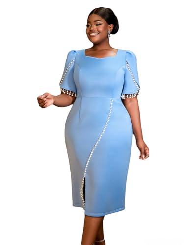 AOMEI Women's Square Neck Short Sleeve Pearl Beaded Pencil Bodycon Midi Dress