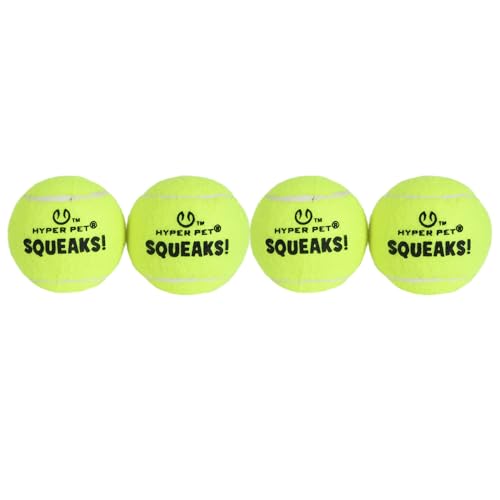Image of Hyper Pet Squeaks! Tennis Balls Fetch Dog Toy, Medium 2.5 in, 4 Pack, Green | Durable non abrasive design with sound effects for active pups, indoor and outdoor play sessions, keeps tails wagging daily