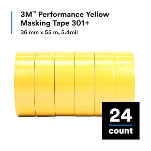 Image of 3M Performance Yellow Masking Tape 301+, 36 mm x 55 m, 6.3 mil | 24 Roll /Case, High Performance Holding and Masking Tape for Automotive, Specialty Vehicle and Industrial Markets