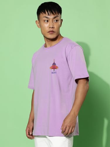 Image of Veirdo Pure Cotton Oversized Baggy Fit Drop Shoulder Stylish and Graphic Printed Round Neck Half Sleeves T-Shirt for Men (Available Color Options: Black, Green, Royal Blue, Lilac & Sky Blue)