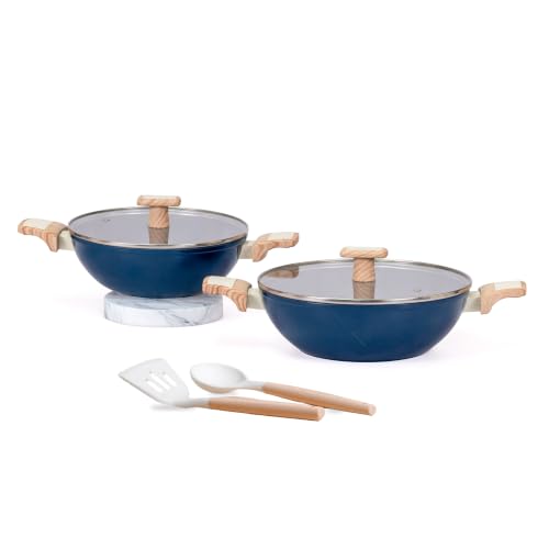 Image of Kreme Ceracook Ceramic Coated Granite 6 Pc Kadai Set Glass Lid, 2 Spatulas, ISI Certified Cookware Kadhai, Forged Aluminium, Gas & Induction Use, Woks PFAS & PTFE Free,1 Yr Warranty, Ocean Deep Blue