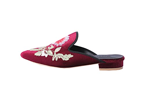 Image of Fericzot Women's Velvet Backless Pointed Toe Slip On Loafers Flats Embroidery Mule Slippers Shoes