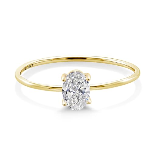 Gem Stone King 10K Yellow Gold Lab Grown Diamond Solitaire Engagement 4-Prong Ring For Women | 0.40 Cttw | Oval 6X4MM | Gemstone April Birthstone | Available in Size 5,6,7,8,92