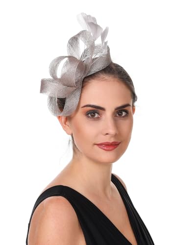 Chapeau bibi en plumes, maille et voile - Chapeau de fête Ascot - Chapeau derby avec fleur, clip et bandeau pour femme, M