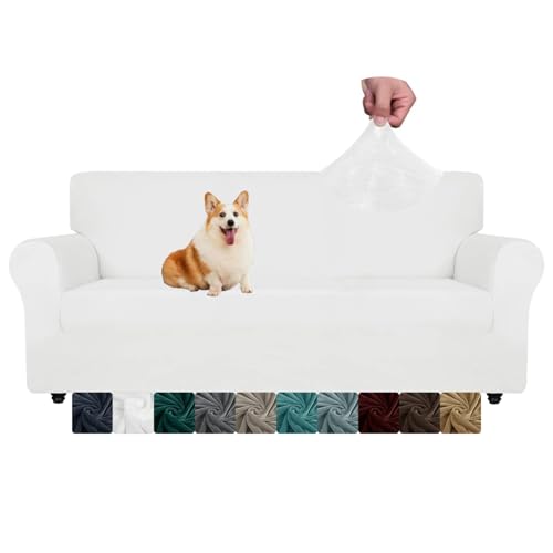 CHELZEN Fundas de Sofá de Terciopelo, Cubiertas de Sofá elásticas, 3 plazas, para Mascotas, para Perros, Protector de Muebles para Sala de Estar (3 Plaza, Blanco)