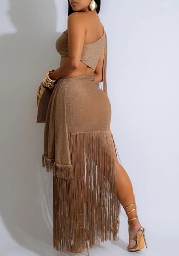 Famnbro Womens Fringe Dress One Shoulder Sleeveless Cutout Bodycon Sexy Cocktail Wedding Party Maxi Dresses2