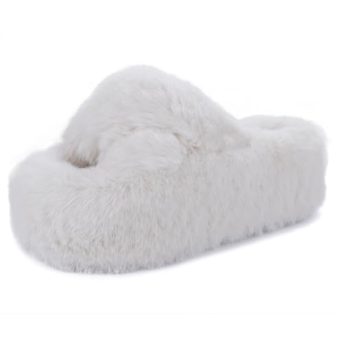 YURTKUMAS Fuzzy Slippers Women Cross Band Furry House Shoes Open Toe Bride Slippers Fluffy Slides for Girls High Heel Fur Women Sandals for Party Stylish Memory Foam Female Fuzzy Sandals -  MT-XY-A004