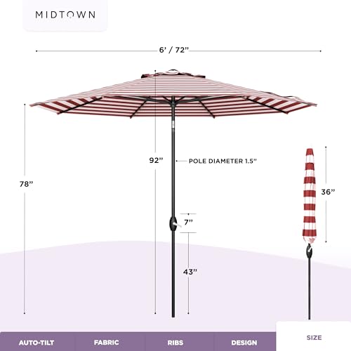Image of Midtown Umbrellas - 10-Year-No-Fade 6 Ft Patio Umbrella with Terylast Fabric, Auto-Tilt Aluminum Frame and 8 Reinforced Ribs for Deck, Pool, Garden & Beach - Red /White Stripes Canopy, Black Pole