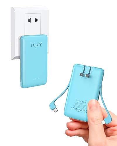 TG90° 5000mAh Portable Charger with Built-in AC Wall Plug and Cables, USB C Ultra Small Power Bank External Battery Pack Compatible with iPhone 15/15 Pro Max/14/13 and Android Devices