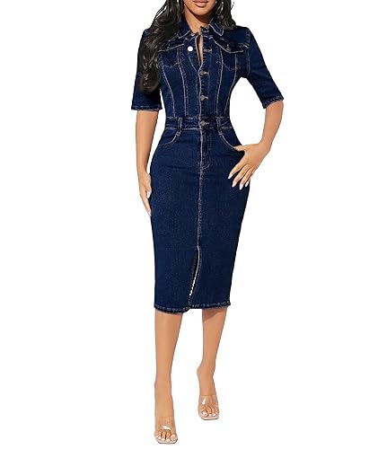 Sexyshine Women's Bodycon Denim Dress Elegant Half Sleeve 1/2 Button