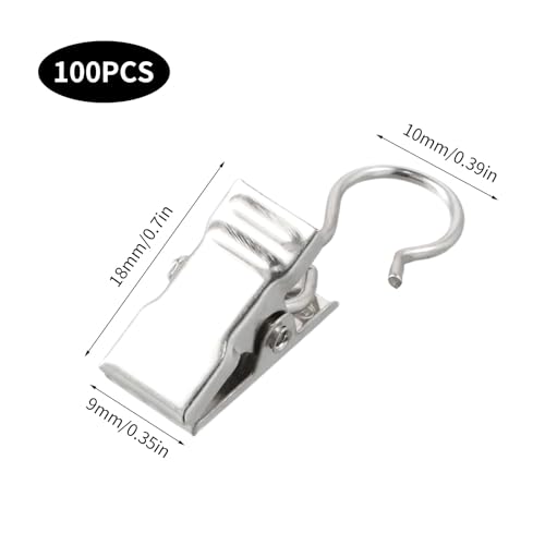 Volumoon 100 Pack Curtain Clips with Hooks, Stainless Steel Shower Curtain Hooks with Clips, Small Heavy-Duty Hook Clip Set - Image 2