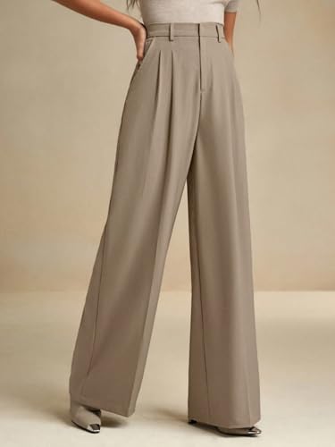 Image of KOTTY Women's High Waist Solid Color Hook and Bar Wide Leg Trousers Loose Comfort Trouser with Pockets