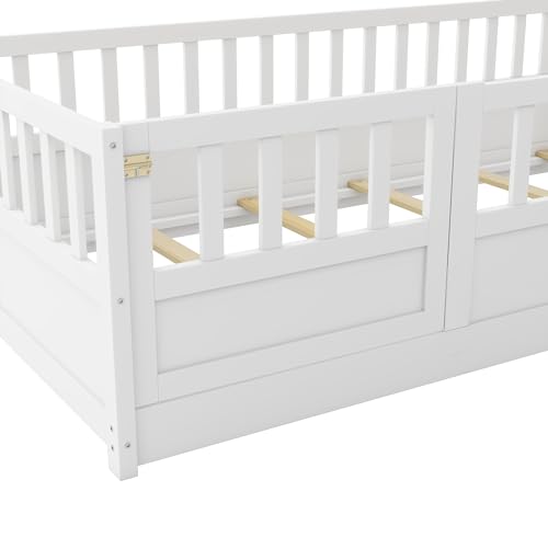 Image of Bellemave Twin Size Kids Montessori Floor Bed with Slats,Solid Wood Floor Bed Frame with High Fence and Door for Kids,Girls,Boys,Twin,White