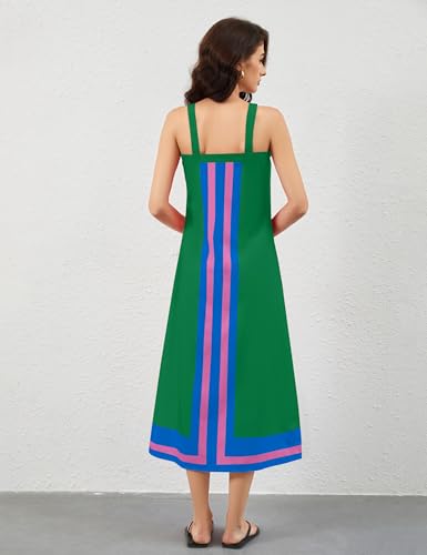 Image of calbatic Women Color Block Sleeveless Striped Maxi Dress Square Neck Backless Casual Flowy Summer Dress Small Green