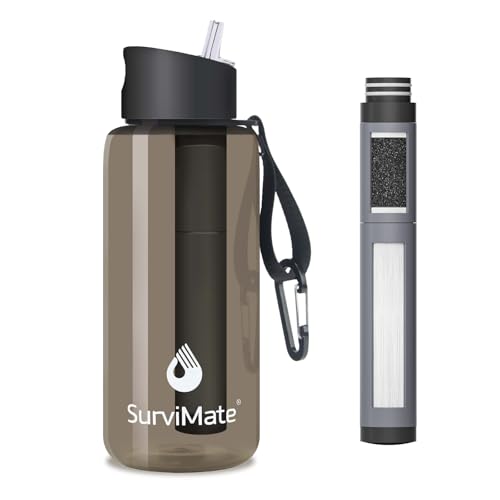 SurviMate 5-Stage 0.01μm Ultra-Filtration Filtered Water Bottle, BPA-Free Material, NSF/ANSI 42&372 Certified, Portable Water Filter Bottle for Survival, Camping, Hiking, and Emergency Use