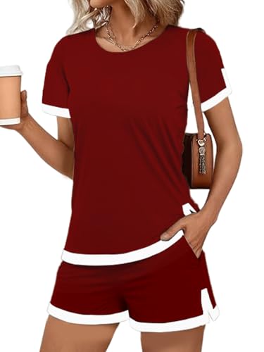 JFAN Tuta Donna Estiva 2 Pezzi Maniche Corta Casual Completo Sportivo Donna Estivo Elegante Top Scollo Rotondo e Pantaloncini a Vita Alta con Tasche,Borgogna,M