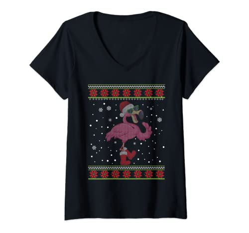 Femme Flamingo Noël I Want A Flamingo For Christmas Ugly T-Shirt avec Col en V