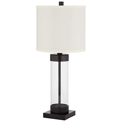 Flash Deals - 50% OFF Amazon Brand – Stone & Beam Glass Column Living Room Table Desk Lamp With Light Bulb and Linen Shade, 23"H, Black