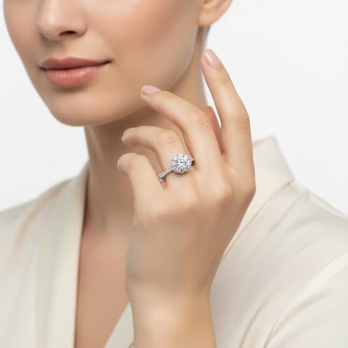 Image of Choose Your Gemstone Flower Halo Diamond CZ Ring 925 Sterling Silver Round Shape Halo Engagement Rings Everyday Jewelry Wedding Jewelry Handmade Gifts for Wife US Size 4 to 12
