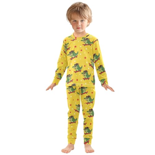 Pajama Sets Long Sleeve Crocodile Surfing Yellow Background Soft Comfy Sleepwear 2 Piece PJS 3-8T2