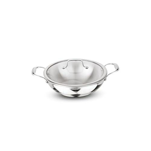 Image of Signoraware Artista Tri Ply Stainless Steel Shallow Kadhai 20cm with Glass Lid | Induction & Gas Compatible | Durable | Ideal for Stir Frying & Sauteing | Best for Curry & Gravies (1.6 LTR | Steel)