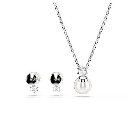 Swarovski Matrix Jewelry Set, Tennis Bracelet, Earrings, Clear Round Cut Crystals With Pearls, Rhodium Finish4