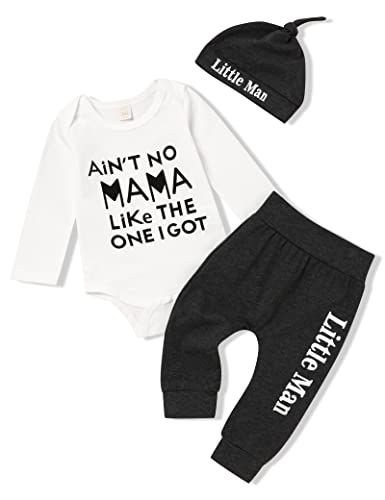 Image of TUEMOS Newborn Infant Baby Boy Clothes Letter Print Romper Pants Set Hat 3PC Outfits Set