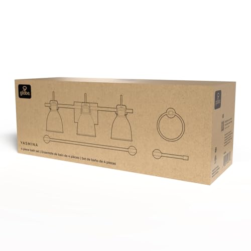 Image of Globe Electric 4-Piece All-in-One Bathroom Set, Matte Brass, 3-Light Vanity Light with Frosted Opal Glass Shades, Towel Bar, Toilet Paper Holder, Towel Ring