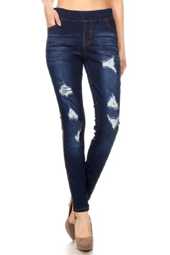 Jvini Women’s Stretch Denim Pull On Jeans with Pockets – Ripped Distressed Elastic Waist Skinny Jeggings Dark Denim Size Large