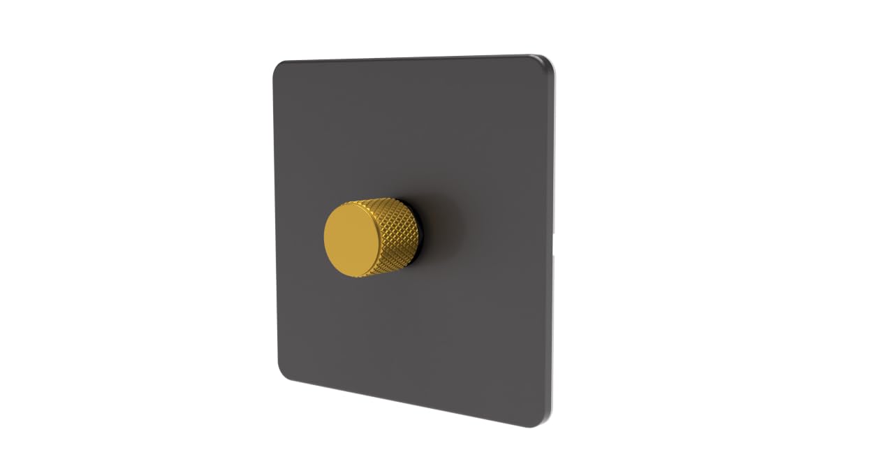 LED Dimmer Switch [Metal Knob/Plastic faceplate] 2-way Rotary Push On/Off for Dimmable LED and Halogen Lights, minimum brightness adjustable - Grey/Gold 1-Gang — image 1