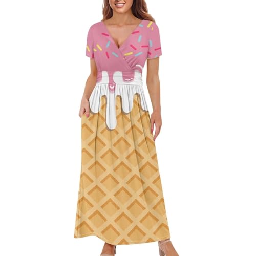Image of Women's Fall Summer Short Sleeve Ankle Length V-Neck Party Dress with Pockets Size S-3XL