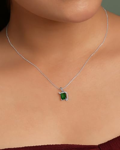 Image of Clara 925 Sterling Silver Green Pendant Necklace with Chain for Women & Girls | Platinum Plated |Minimal Daily Wear | Gift for her