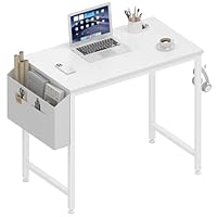 Lufeiya Small White Desk for Small Spaces, 32 Inch Kids Girls Study Writing Desks for Bedroom, Simple Modern Laptop PC Little Side Table with Storage Bag Headphone Hook, White