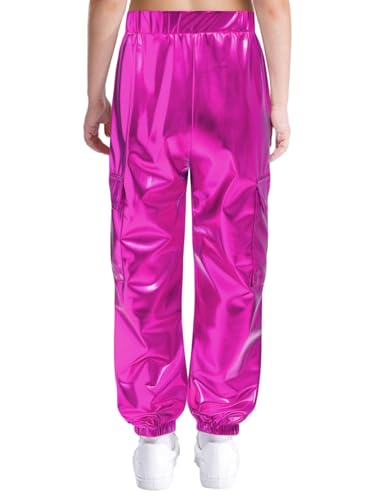 FEESHOW Metallic Cargo Pants for Girls Boys Hip Hop Dance Multi-Pocket Active Joggers Pants Sweatpants2