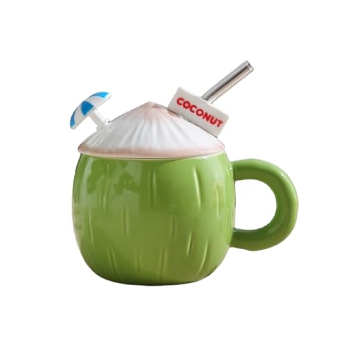 Bonita taza de coco con tapa y pajita, adorable taza de frutas de cerámica rosa, divertido regalo de verano para mujeres, mamá, hermana, profesora, cumpleaños