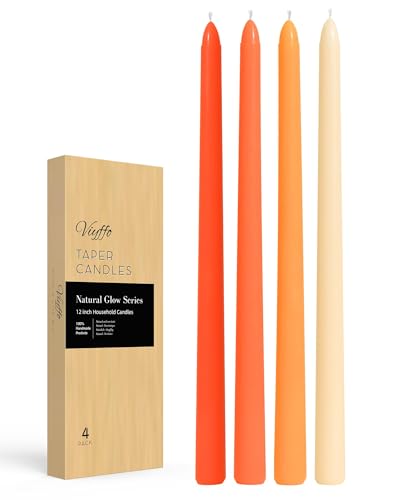 Viyffo Taper Candles, 12 Inch, 4 Pack, Orange – Unscented, Smokeless Design, Up to 8-Hour Burn – Tall Candlesticks for Table Decor, Weddings & Dinners