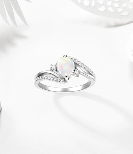 White Opal Engagement Rings for Women 925 Sterling Silver with Teardrop Synthetic Gemstones Dainty CZ Ring Jewelry for Promis Weddings4