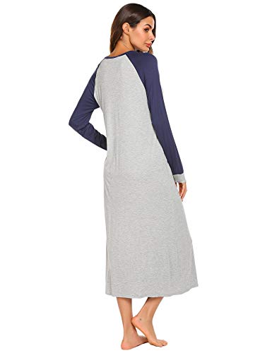Ekouaer Nightgown Women's Long Sleeve Long Sleep Shirt V Neck Night Dress Sleepwear Loungewear(Navy Blue,M)