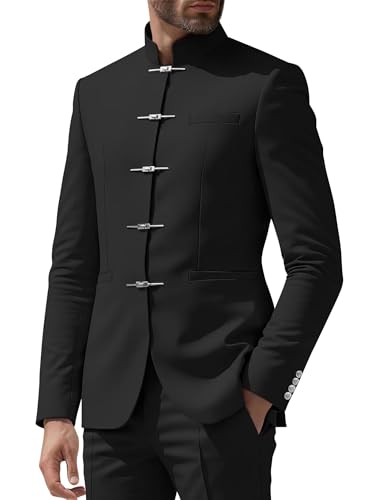 Black Suits for Men Slim Fit with Tang Style Metal Buckle Stand Collar Suit Jacket Men 2 Piece Blazer Pants Set Mens Chinese Tunic Suit for Formal Wedding Dinner Party Fashion Groom XL