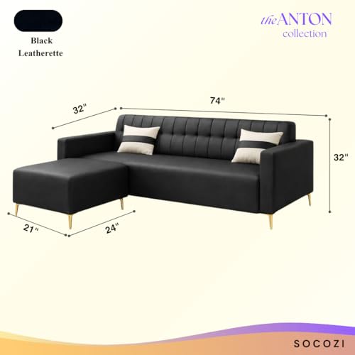 Image of SOCOZI Anton 4 Seater L Shape Sofa Set with Movable Ottoman | Flexible Left or Right Layout | Premium Leatherette with Golden Metal Legs |Sofa for Living Room (Black Leatherette)