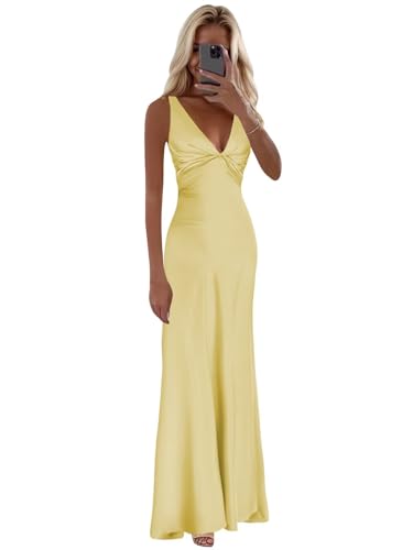 Vvecz Yellow Bridesmaid Dresses for Women Mermaid Silk Satin Long Formal Evening Gown Size 8