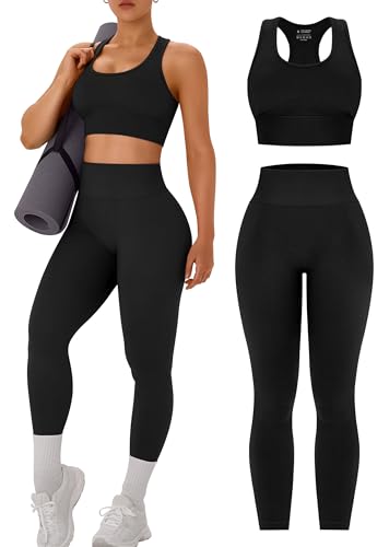 OLCHEE Womens Workout Sets 2 Piece - Acid Wash Seamless Yoga Outfits High Waist Leggings Padded Racerback Sports Bra Gym Set - Solid Black Medium